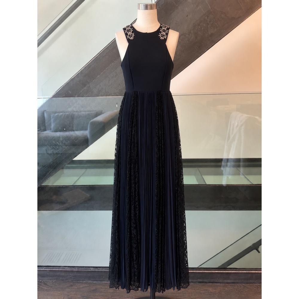 Rebecca Taylor Navy Blue Embellished Lace Pleated Maxi Dress 2